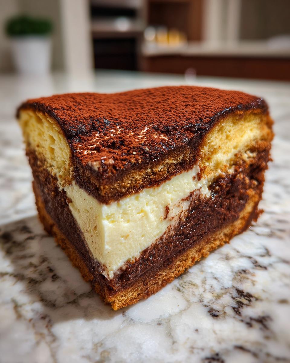 A close-up slice of tiramisu cheesecake showing layers of cake, creamy filling, and dark chocolate, dusted with cocoa powder.
