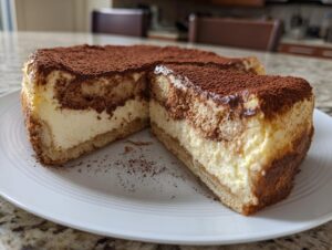 A creamy, layered tiramisu cheesecake with a slice cut out, dusted heavily with cocoa powder.