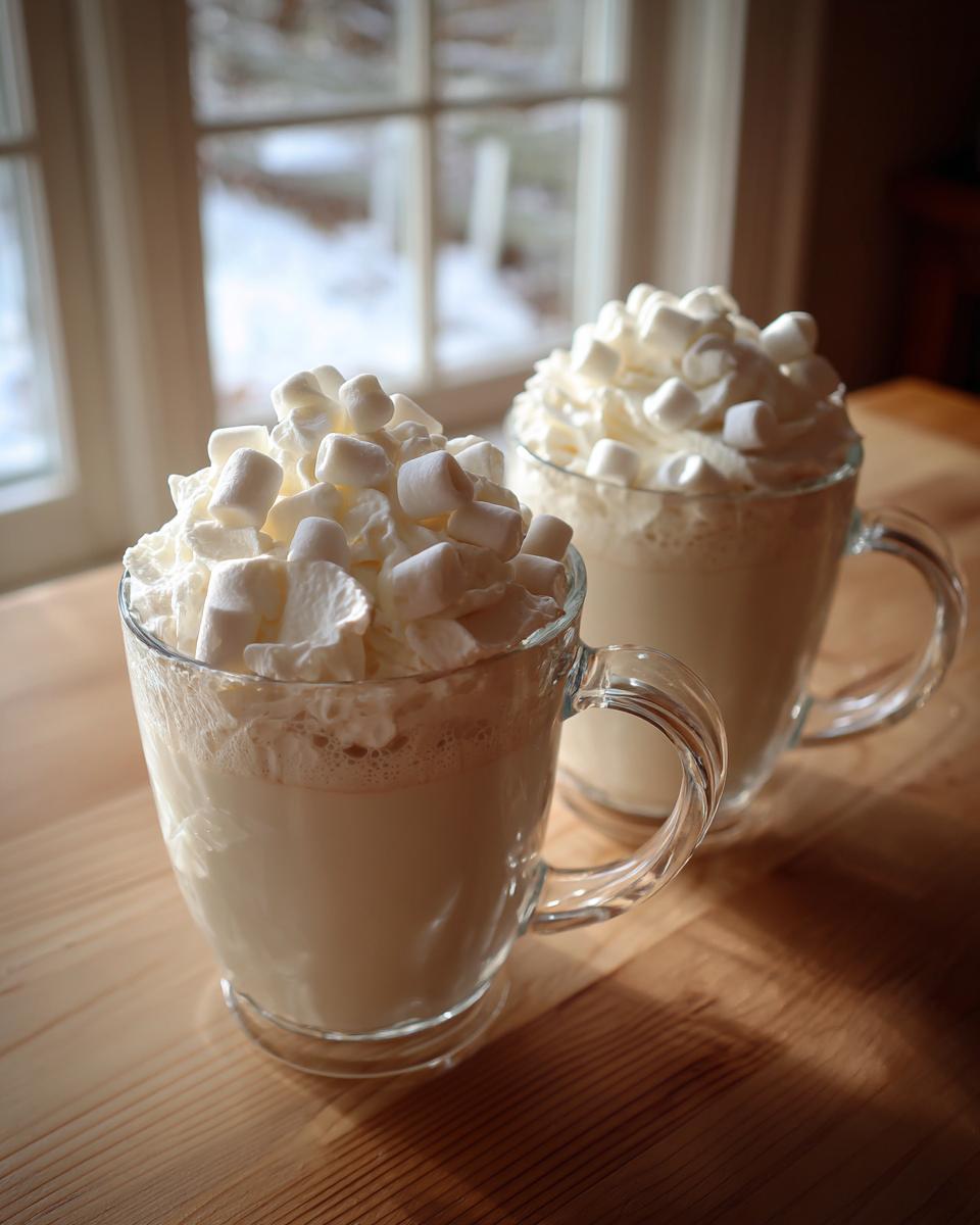 Two clear glass mugs filled with creamy white hot chocolate, topped generously with whipped cream and mini marshmallows.