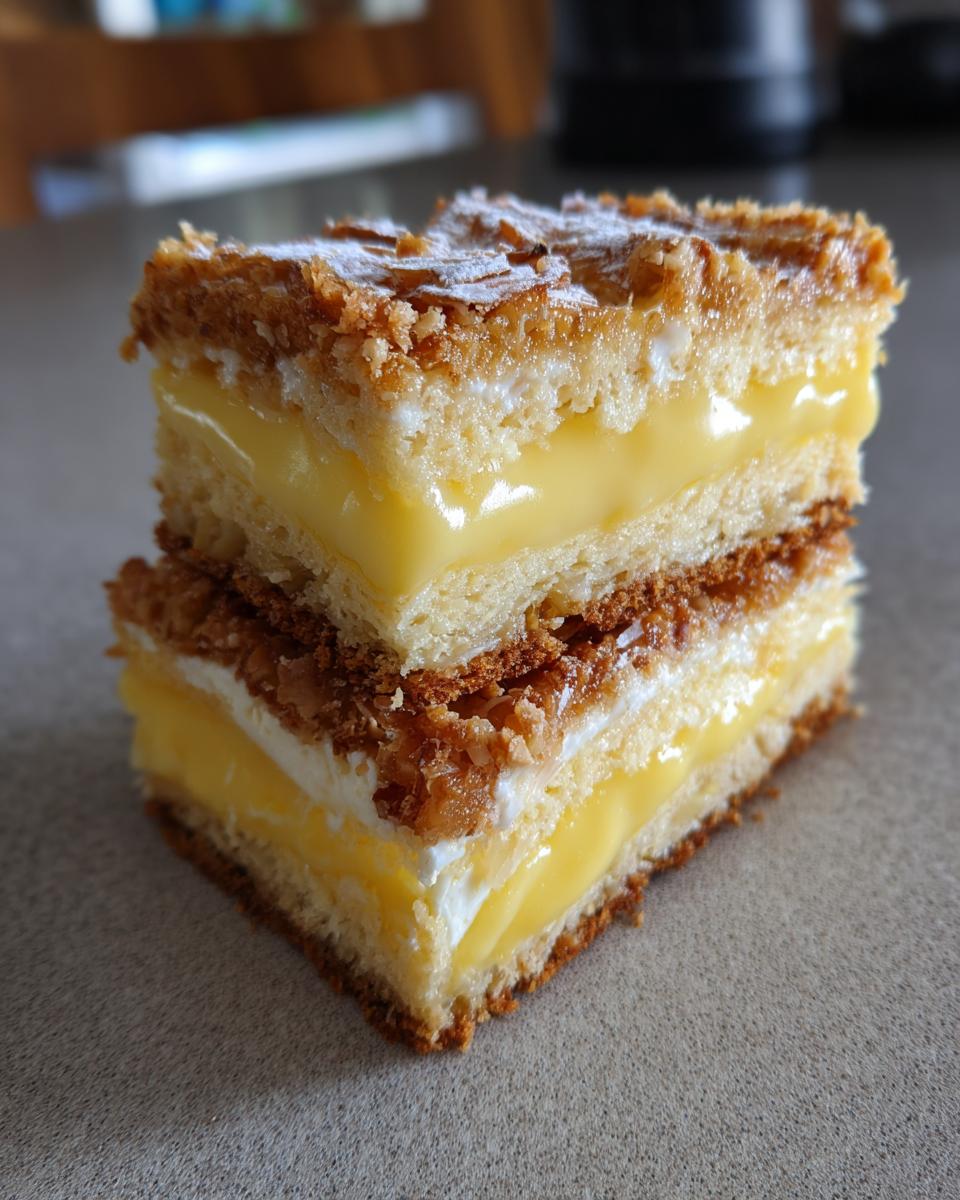 Two stacked squares of bee sting cake showing layers of sponge, rich yellow custard, cream, and caramelized almond topping.