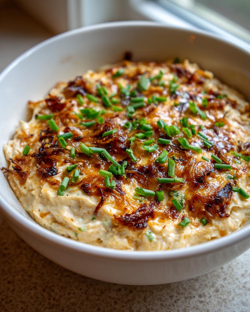 A creamy bowl of ultimate caramelized onion dip topped with browned onions and fresh chopped chives.