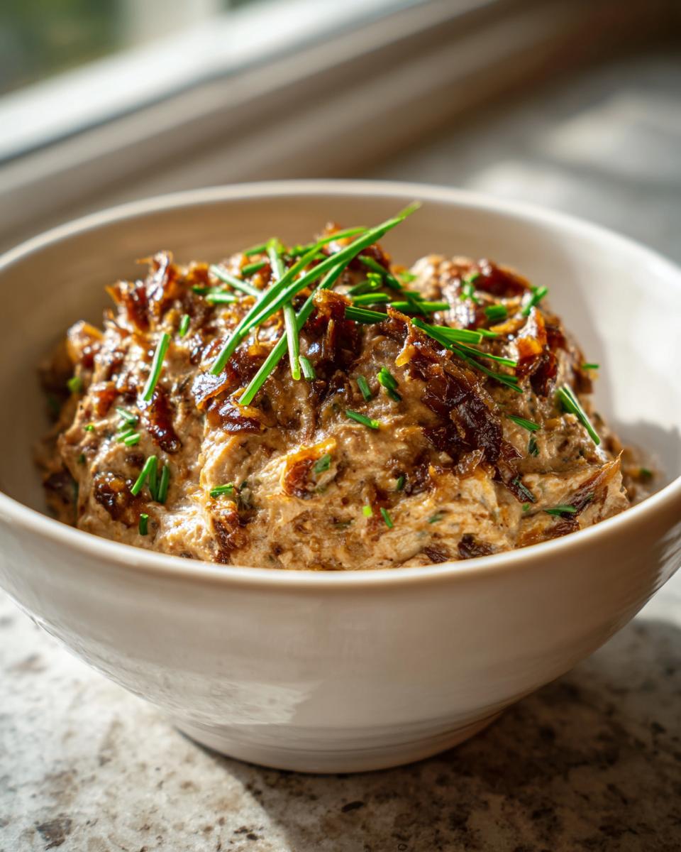 A creamy bowl of homemade caramelized onion dip generously topped with dark caramelized onions and fresh green chives.