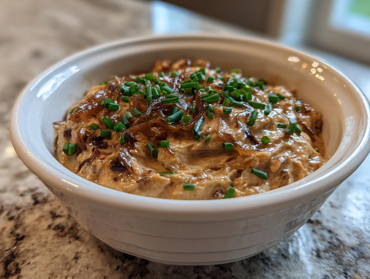 A close-up of creamy caramelized onion dip topped with more caramelized onions and fresh chives in a white bowl.