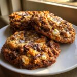 Three rich, thick kitchen sink cookies loaded with chocolate chunks and sea salt on a white plate.