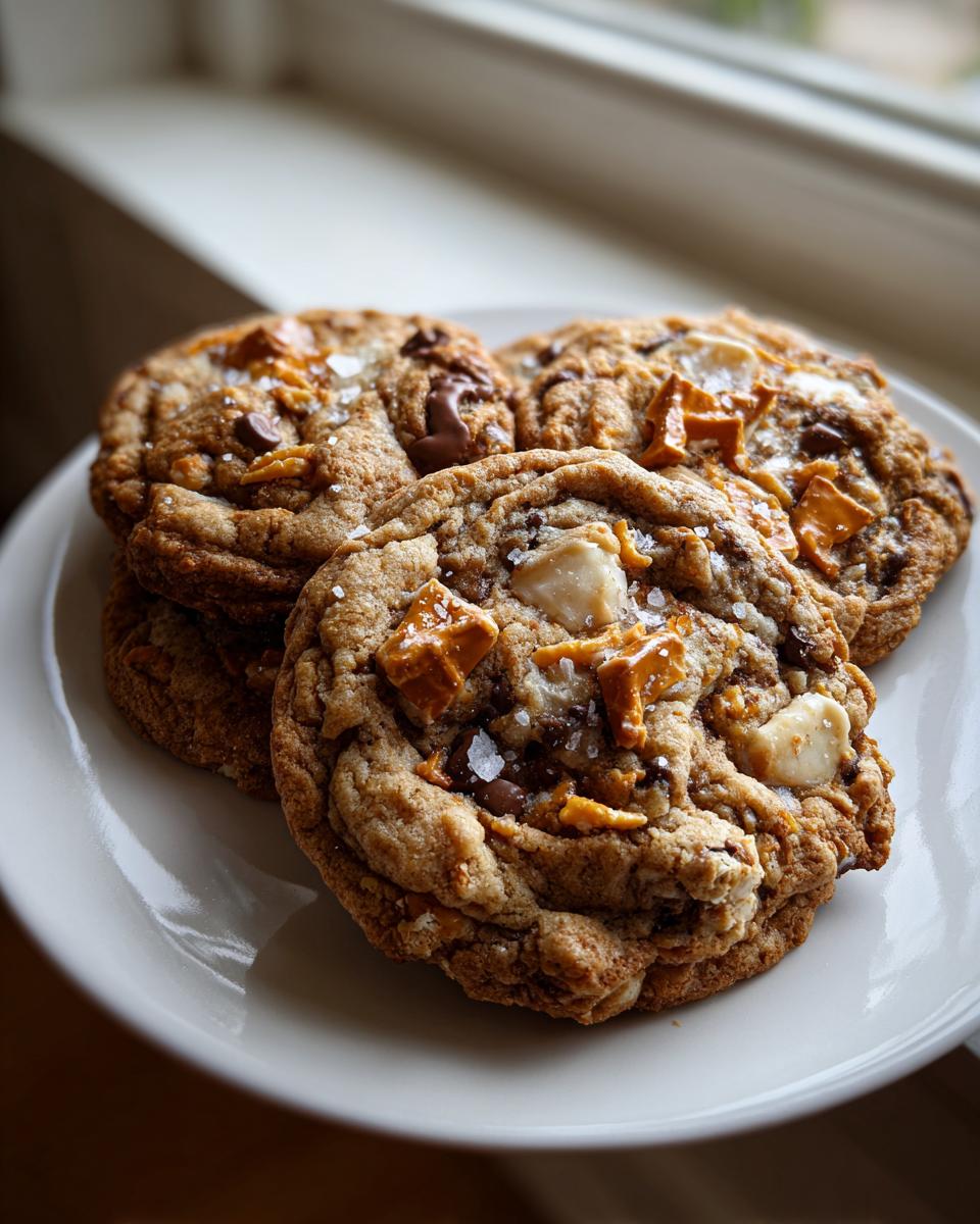 Close-up of several thick, chewy kitchen sink cookies topped with caramel pieces, chocolate, and flaky sea salt.