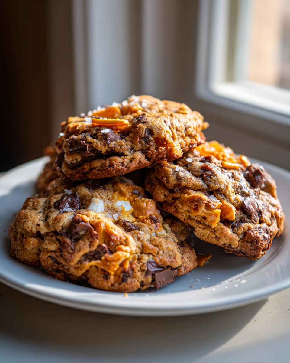 A stack of four ultimate kitchen sink cookies piled on a light gray plate, featuring chocolate chunks and flaky sea salt.