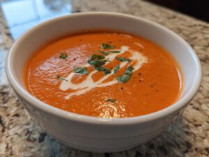 A close-up of a bowl of vibrant orange tomato bisque, garnished with a swirl of cream and fresh basil.