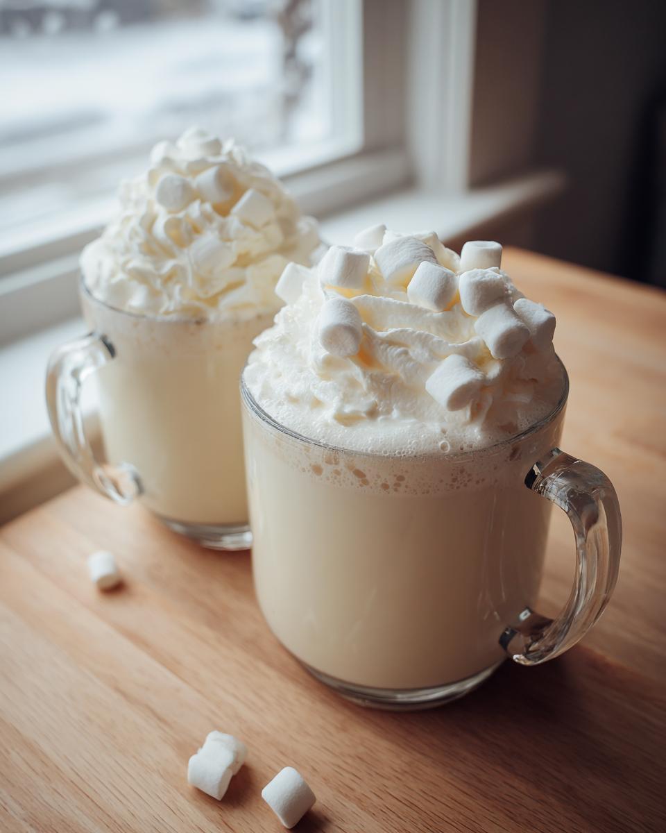 Two glass mugs filled with creamy white hot chocolate, topped with whipped cream and mini marshmallows.