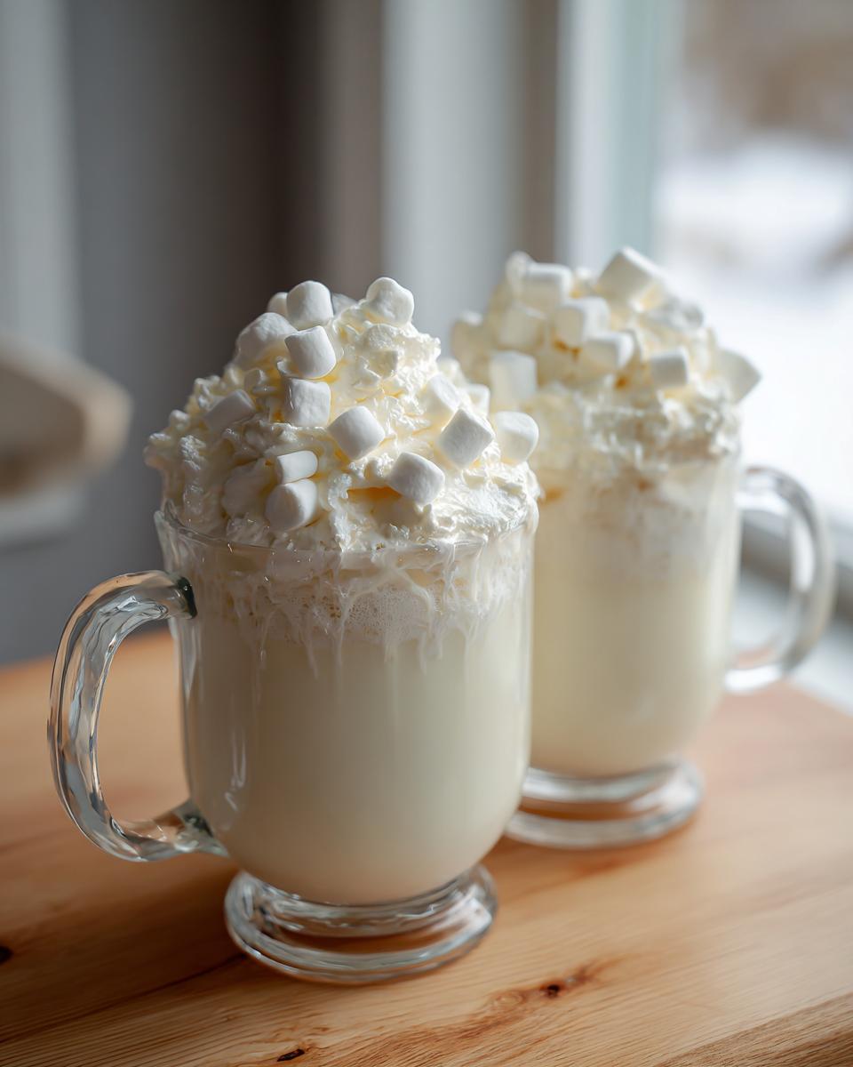 Two glass mugs filled with creamy white hot chocolate, topped generously with whipped cream and mini marshmallows.