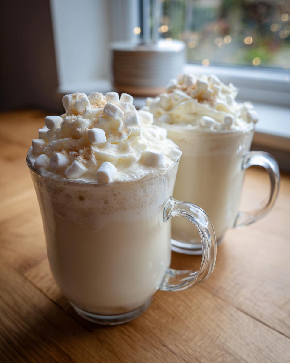 Two clear glass mugs filled with creamy white hot chocolate, topped generously with whipped cream and mini marshmallows.