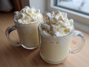 Two clear glass mugs filled with creamy white hot chocolate, topped generously with whipped cream and mini marshmallows.