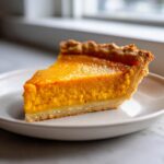 A close-up of a perfect slice of amazing vegan pumpkin pie with a golden crust, served on a light plate.