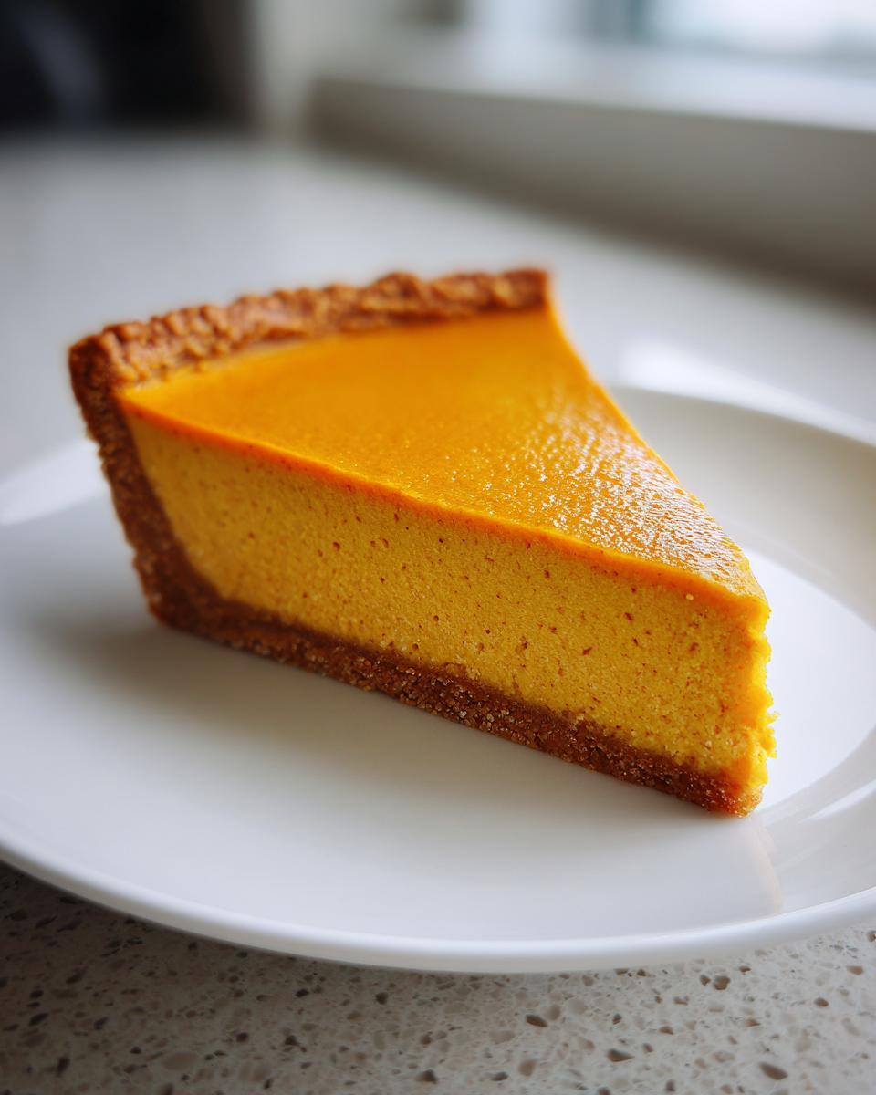 A perfect slice of vibrant orange vegan pumpkin pie with a thick, textured crumb crust on a white plate.