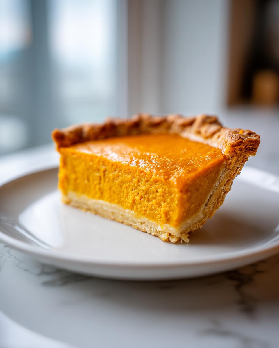 A close-up of a perfect slice of vegan pumpkin pie with a golden crust on a white plate.