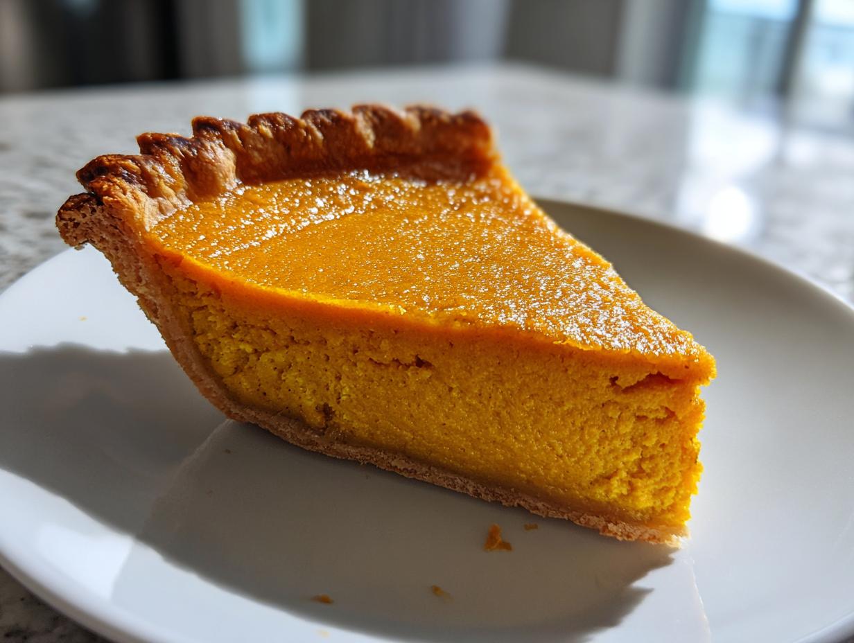 A close-up of a perfect slice of vegan pumpkin pie showing its rich orange filling and crimped, flaky crust.