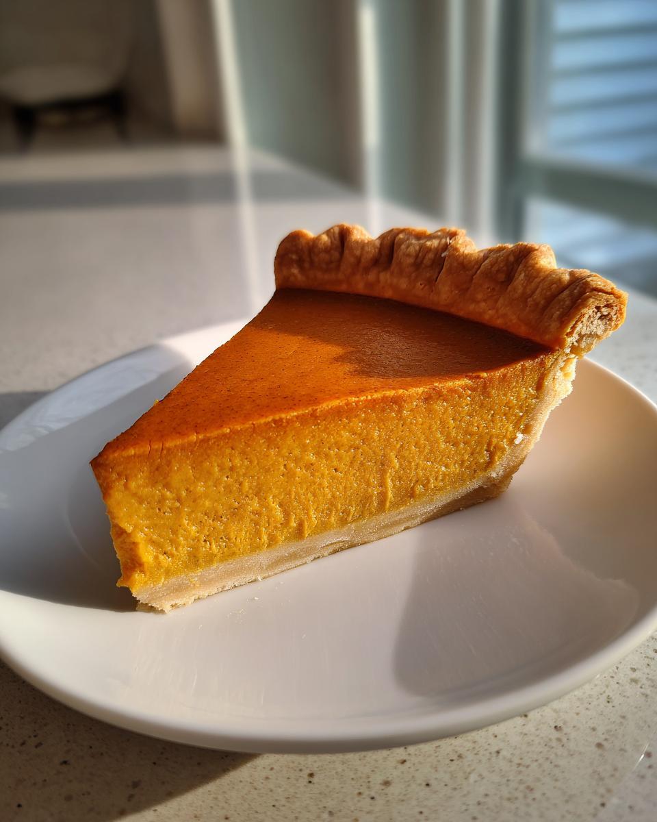 A perfect slice of rich orange vegan pumpkin pie sitting on a white plate, highlighted by sunlight.