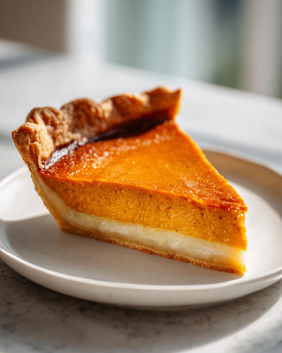 A close-up of a perfect slice of vegan pumpkin pie showing two distinct layers on a white plate.