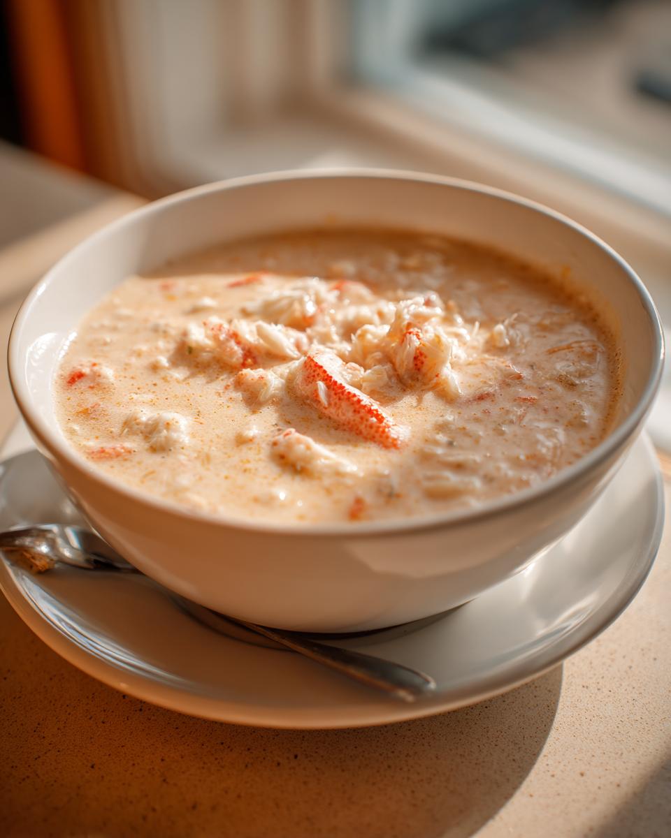 A close-up of a creamy, rich bowl of she crab soup generously topped with visible chunks of white and red crab meat.