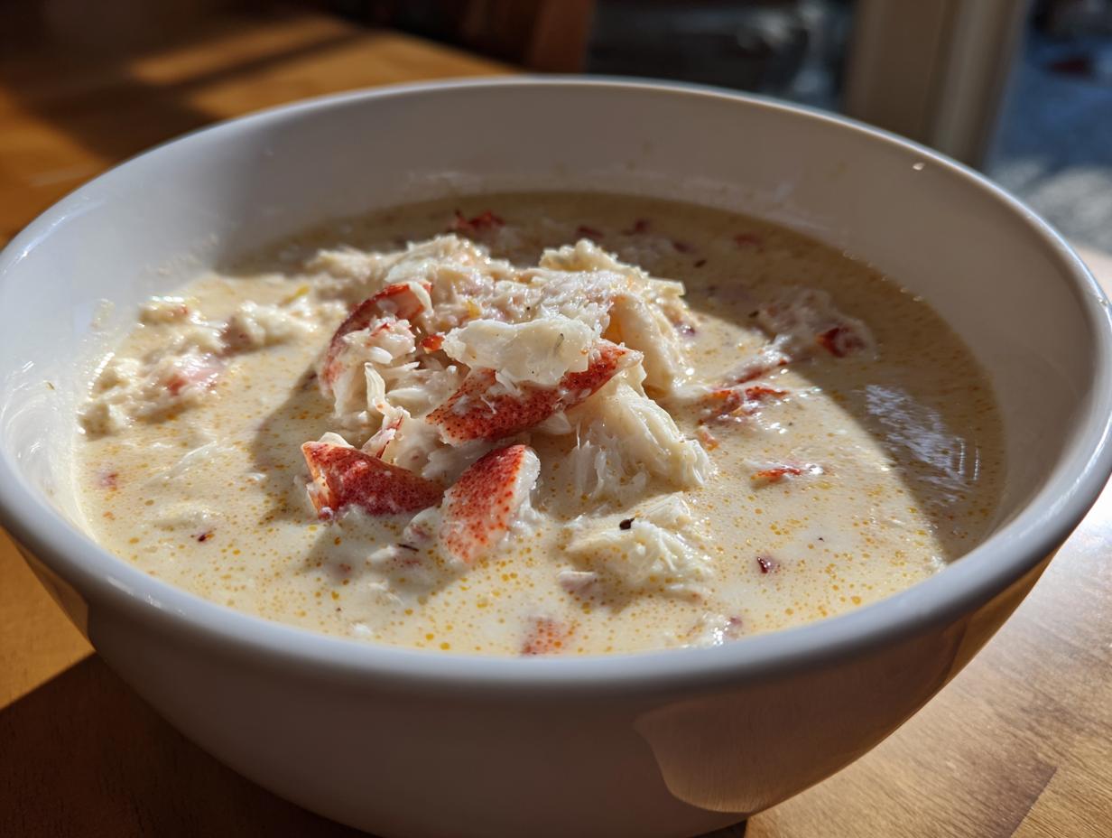 Close-up of a white bowl filled with creamy she crab soup, topped generously with white and red lump crab meat.