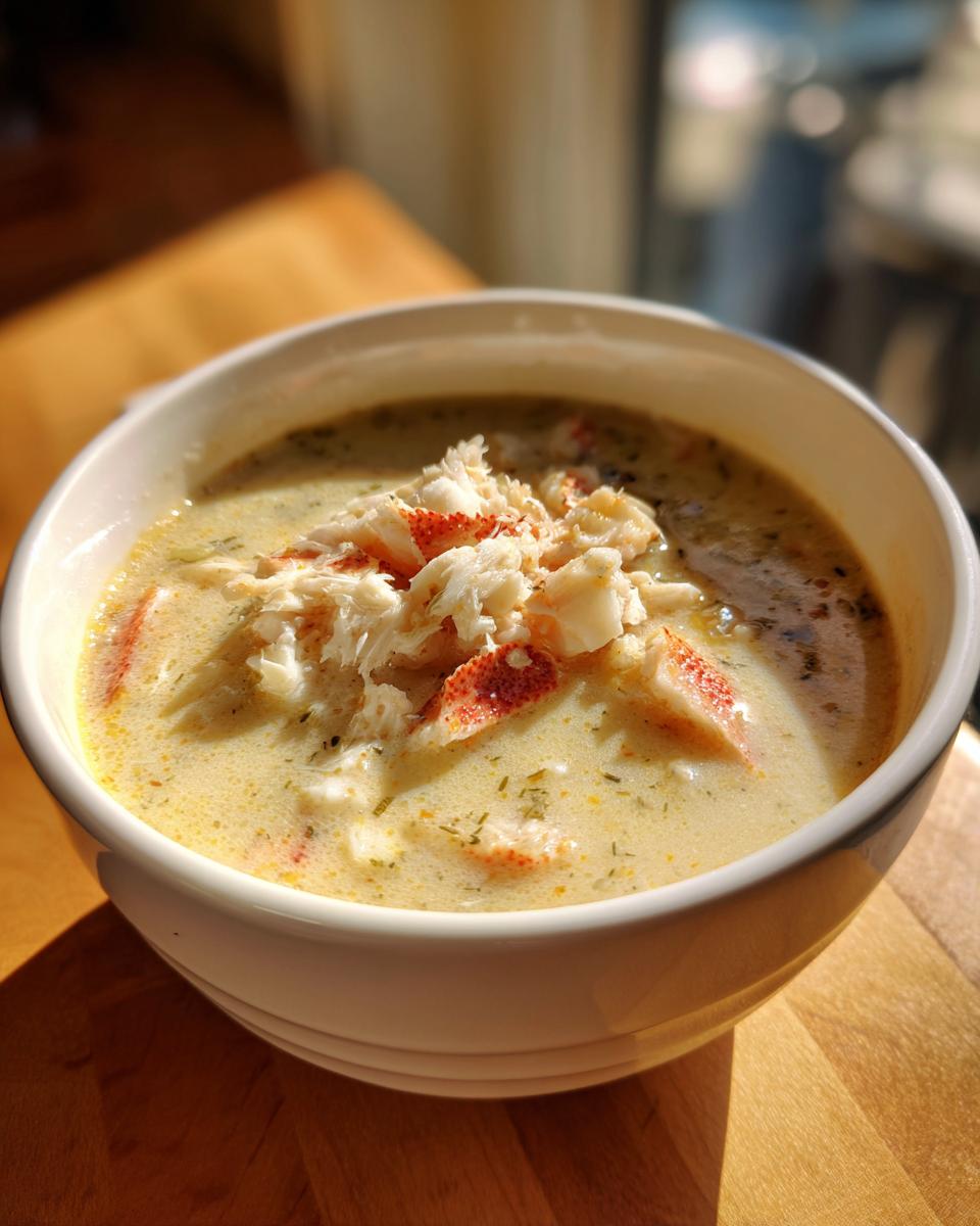 Close-up of a bowl of creamy she crab soup generously topped with large chunks of white and red crab meat.