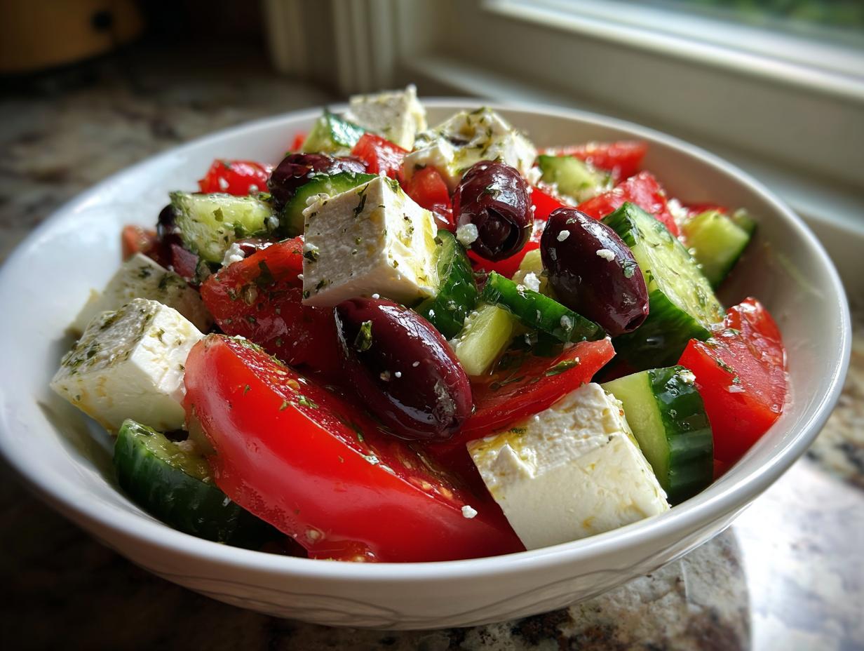 A close-up shot of a vibrant greek salad featuring large chunks of tomato, cucumber, feta cheese, and Kalamata olives.