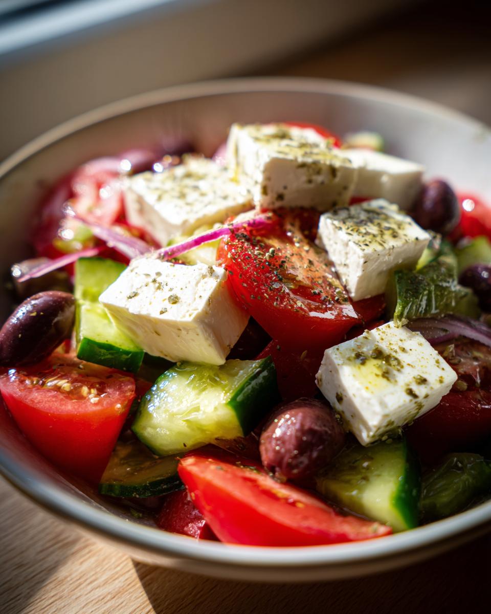 Close-up of a vibrant greek salad featuring large cubes of feta, ripe tomatoes, cucumbers, and Kalamata olives.