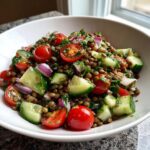 A close-up of a vibrant lentil salad mixed with halved cherry tomatoes, chopped cucumber, and red onion.