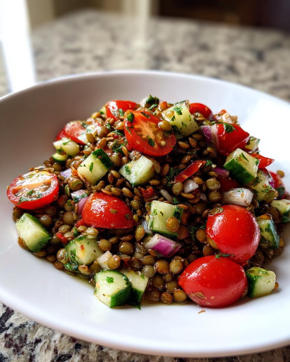 Close-up of a fresh lentil salad mixed with halved cherry tomatoes, diced cucumber, and red onion.