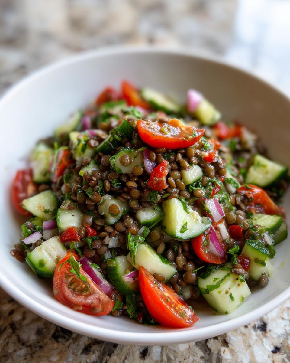A close-up of a fresh lentil salad mixed with chopped cucumber, red onion, and bright red cherry tomato wedges.