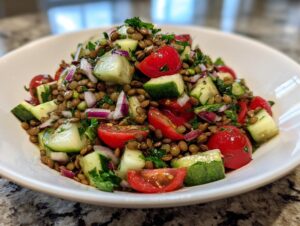 A vibrant bowl of homemade lentil salad featuring cooked lentils, chopped cucumber, cherry tomatoes, and red onion.