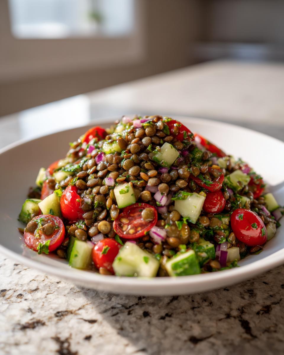 A close-up of a vibrant lentil salad mixed with chopped cucumbers, halved cherry tomatoes, and red onion.
