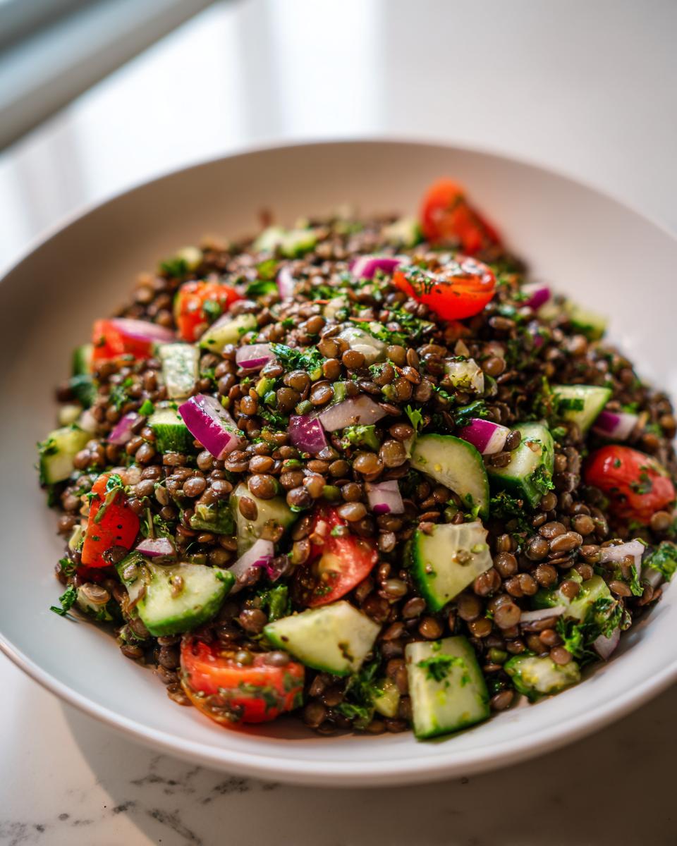 Close-up of a vibrant lentil salad featuring brown lentils, chopped cucumbers, red onion, and cherry tomatoes.