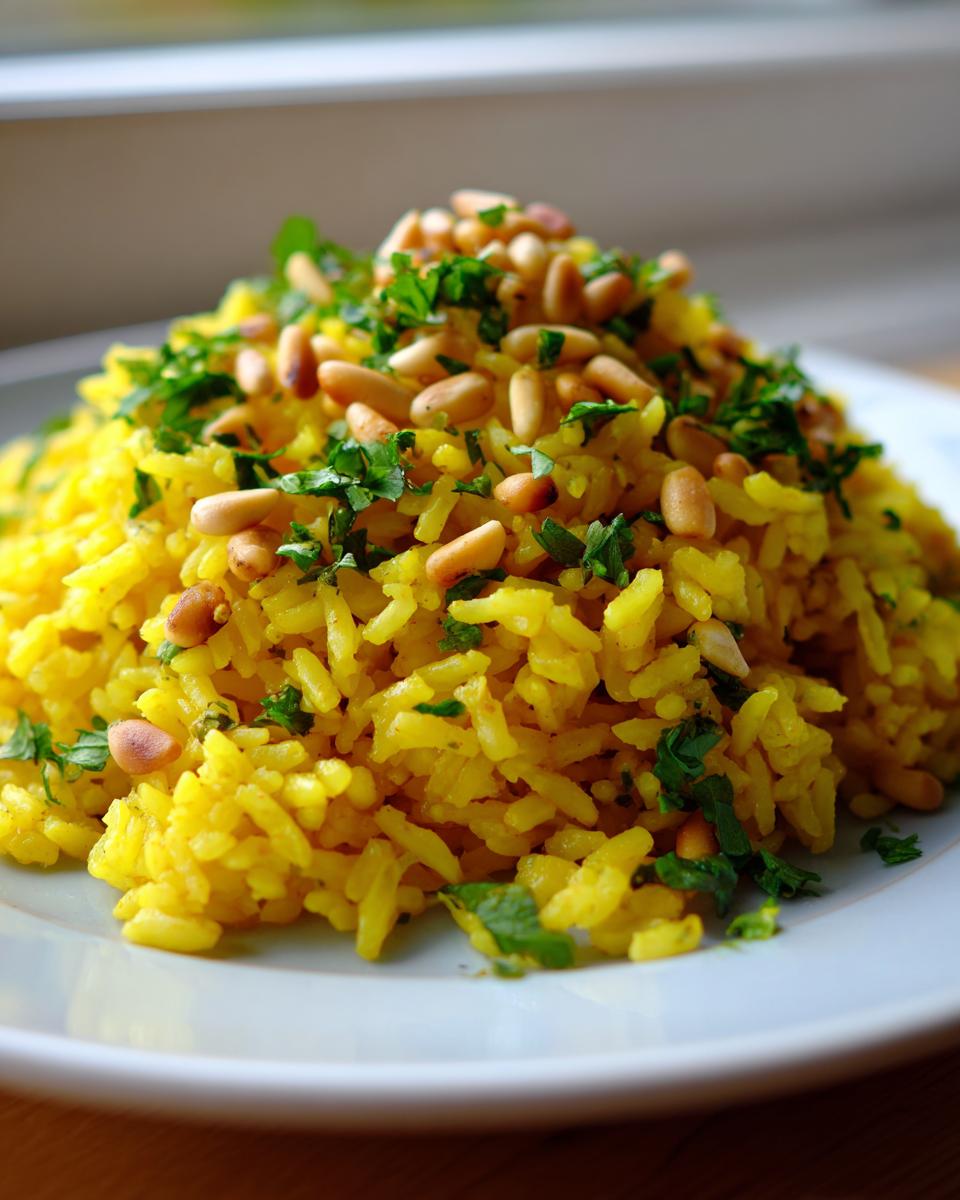 A close-up of vibrant yellow mediterranean rice garnished generously with toasted pine nuts and fresh parsley.