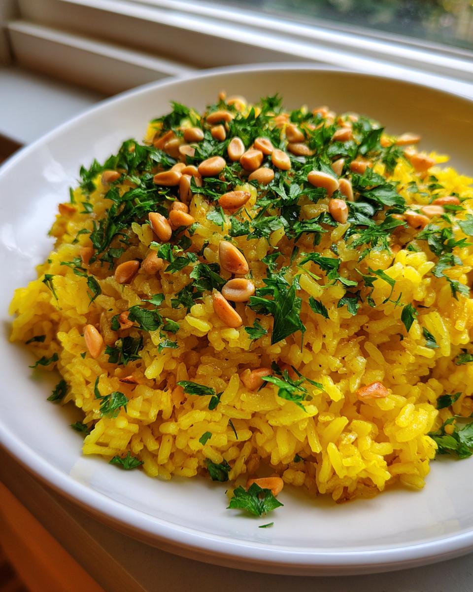 Close-up of vibrant yellow mediterranean rice garnished generously with fresh parsley and toasted pine nuts.