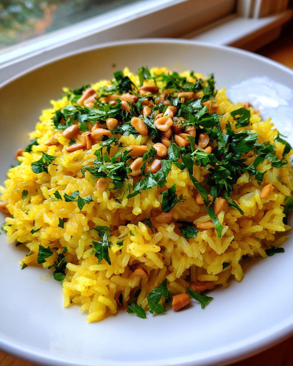 Close-up of bright yellow mediterranean rice topped with toasted pine nuts and fresh chopped parsley.