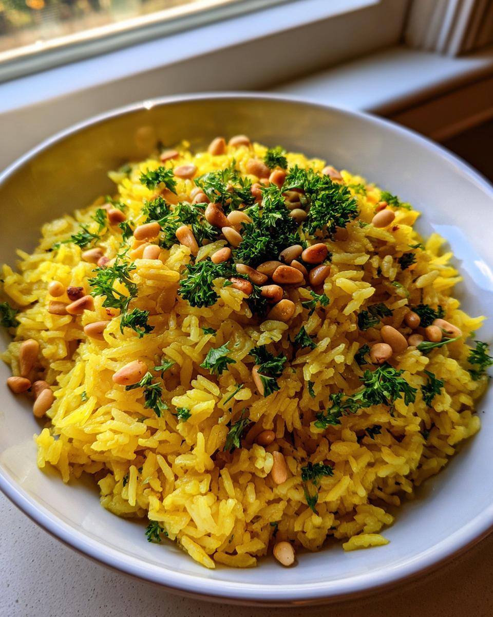 A bowl of vibrant yellow mediterranean rice topped with toasted pine nuts and fresh parsley.