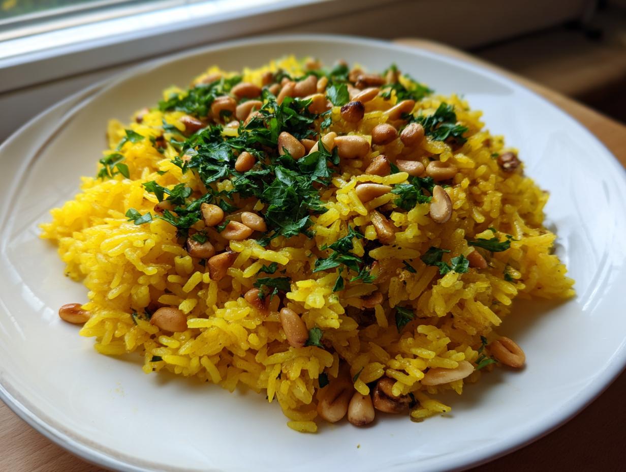 A serving of bright yellow mediterranean rice topped with toasted pine nuts and fresh chopped parsley on a white plate.