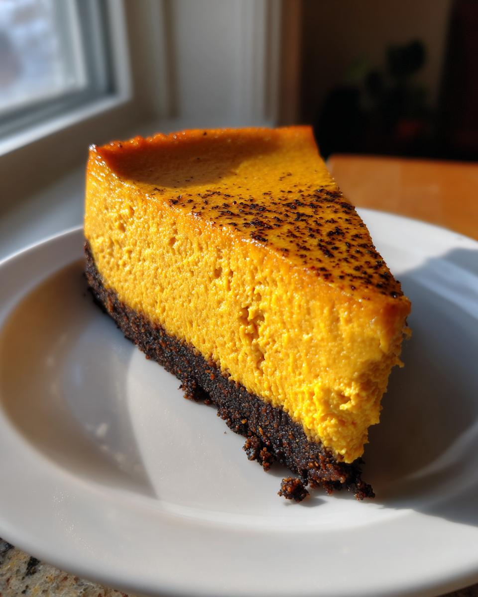A perfect slice of bright orange sweet potato cheesecake resting on a white plate, featuring a dark chocolate crust.