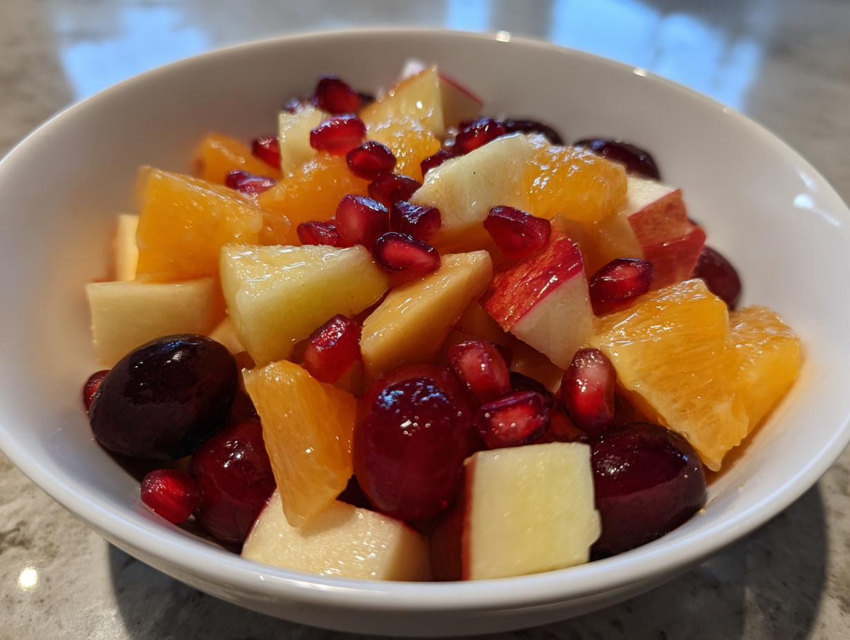 Close-up of a vibrant winter fruit salad featuring orange segments, apple chunks, grapes, and pomegranate seeds.