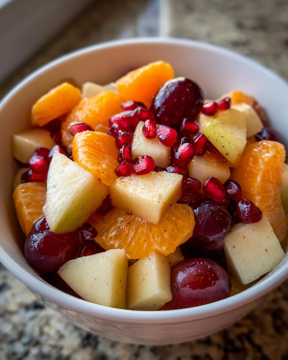 Close-up of a white bowl filled with a colorful winter fruit salad featuring oranges, apples, grapes, and pomegranate seeds.