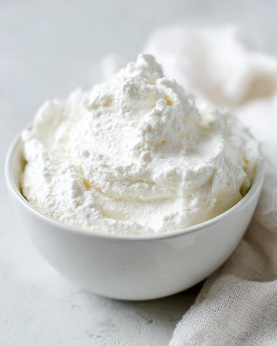 A white bowl filled with fluffy, white whipped topping, perfect for serving with coconut chia pudding.