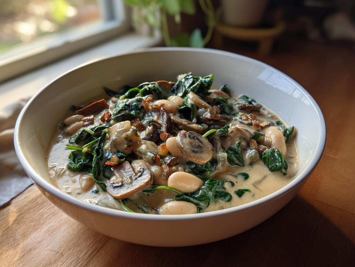A close-up of a hearty white bean mushroom stew featuring creamy sauce, spinach, and sliced mushrooms.