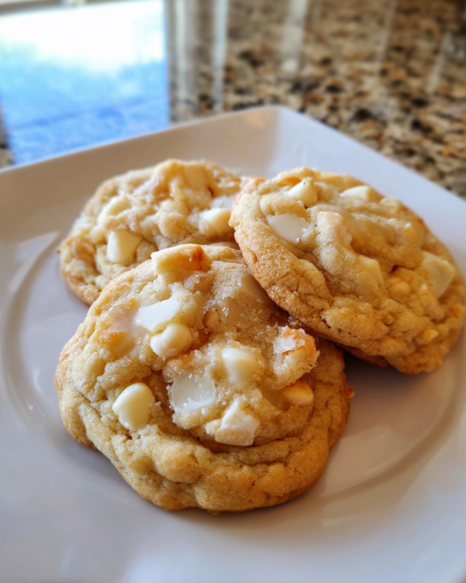 Three freshly baked white chocolate macadamia nut cookies stacked slightly on a white plate.
