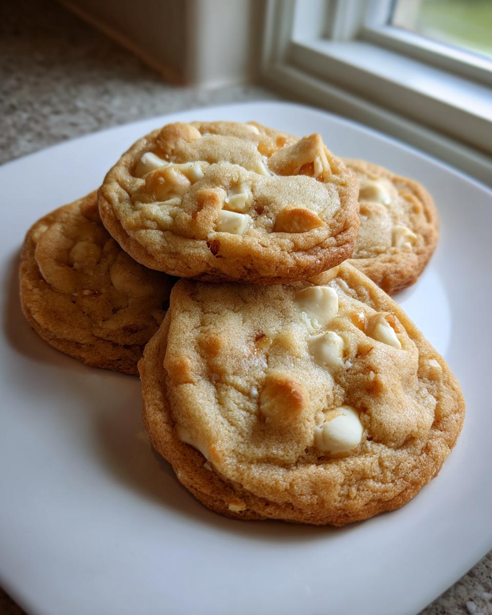 A stack of four freshly baked white chocolate macadamia nut cookies on a white plate near a window.