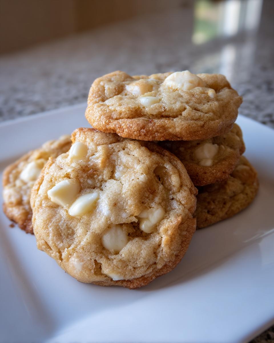 A close-up stack of four golden-brown white chocolate macadamia nut cookies on a white plate.
