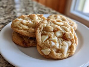 A stack of three chewy white chocolate macadamia nut cookies on a white plate, featuring visible chunks of white chocolate.