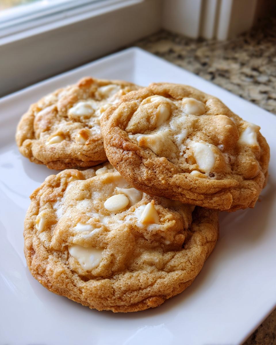 Three freshly baked white chocolate macadamia nut cookies stacked slightly on a white plate.