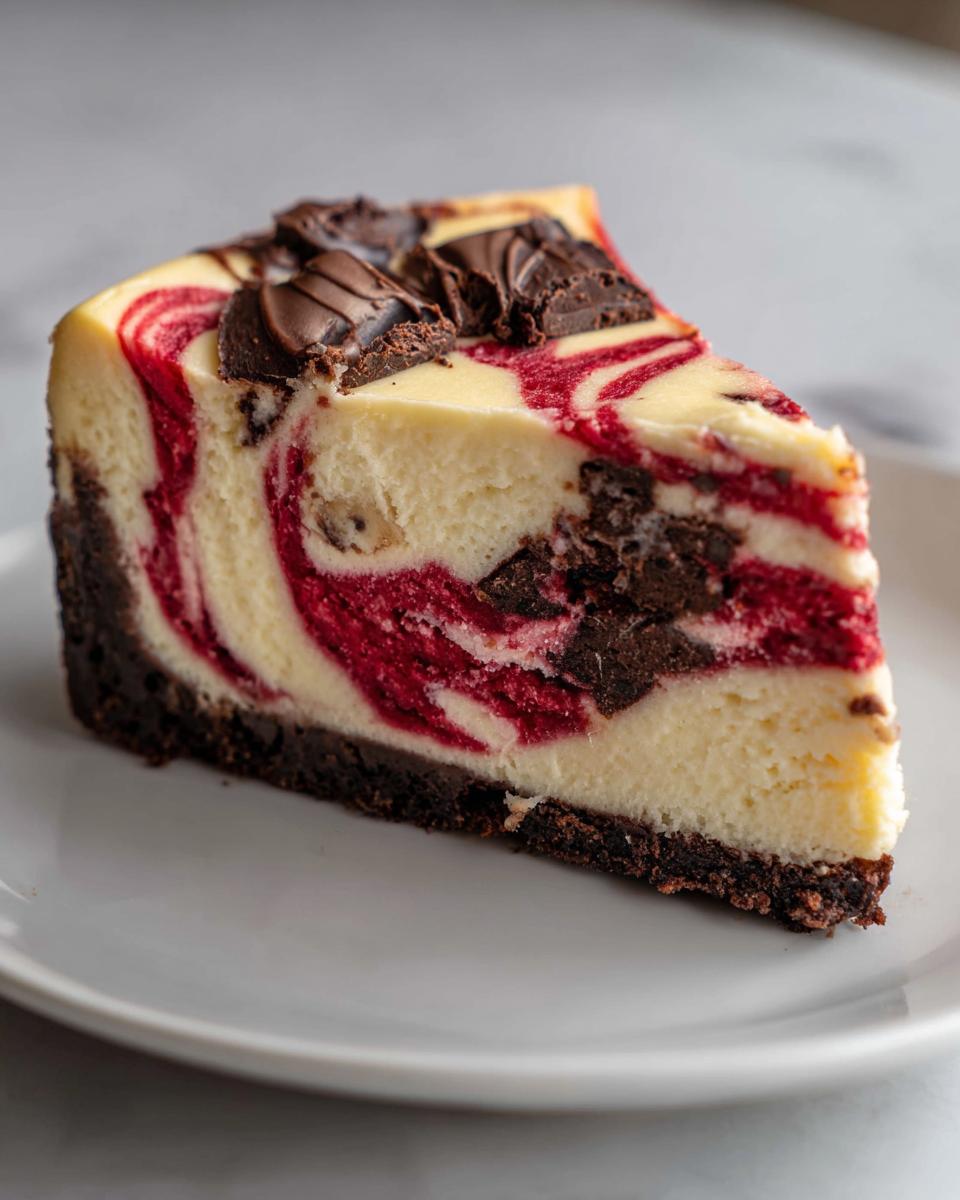 A decadent slice of white chocolate raspberry cheesecake featuring a dark crust, raspberry swirl, and chocolate chunks on top.