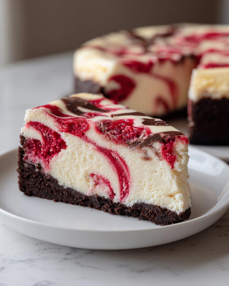 A perfect slice of white chocolate raspberry cheesecake with a dark crust, sitting on a white plate.
