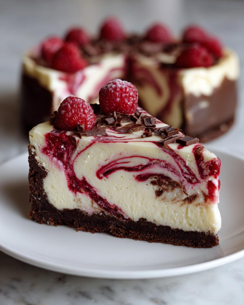 A slice of white chocolate raspberry cheesecake featuring a dark chocolate crust, raspberry swirl, and fresh raspberries on top.